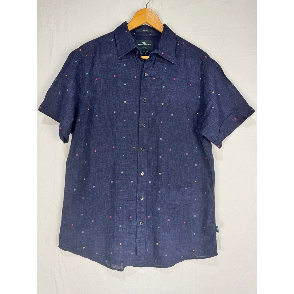 Rodd & Gunn Mens Navy Blue 100% Linen Embroidered Short Sleeve Shirt M Italian - Picture 2 of 9